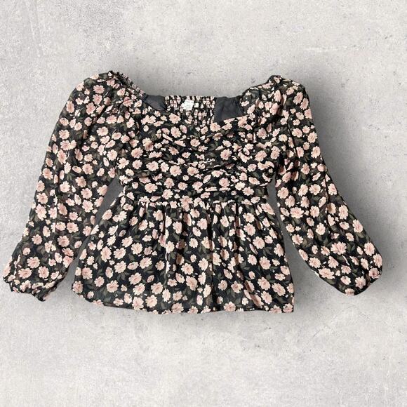 American Eagle Floral Puff Sleeve Peplum‎ Top Black Romantic Cottagecore Small - Picture 1 of 9